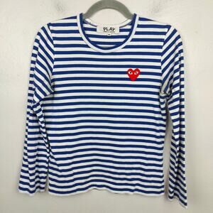 Play Comme des Garcons Striped Top Womens Medium‎ Blue White Heart Logo Preppy